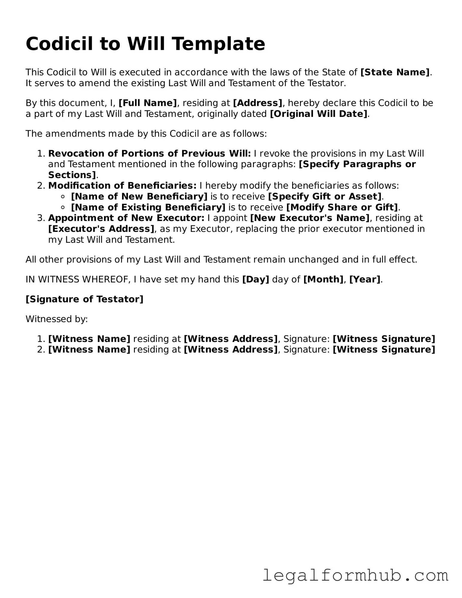 Printable Codicil to Will Document