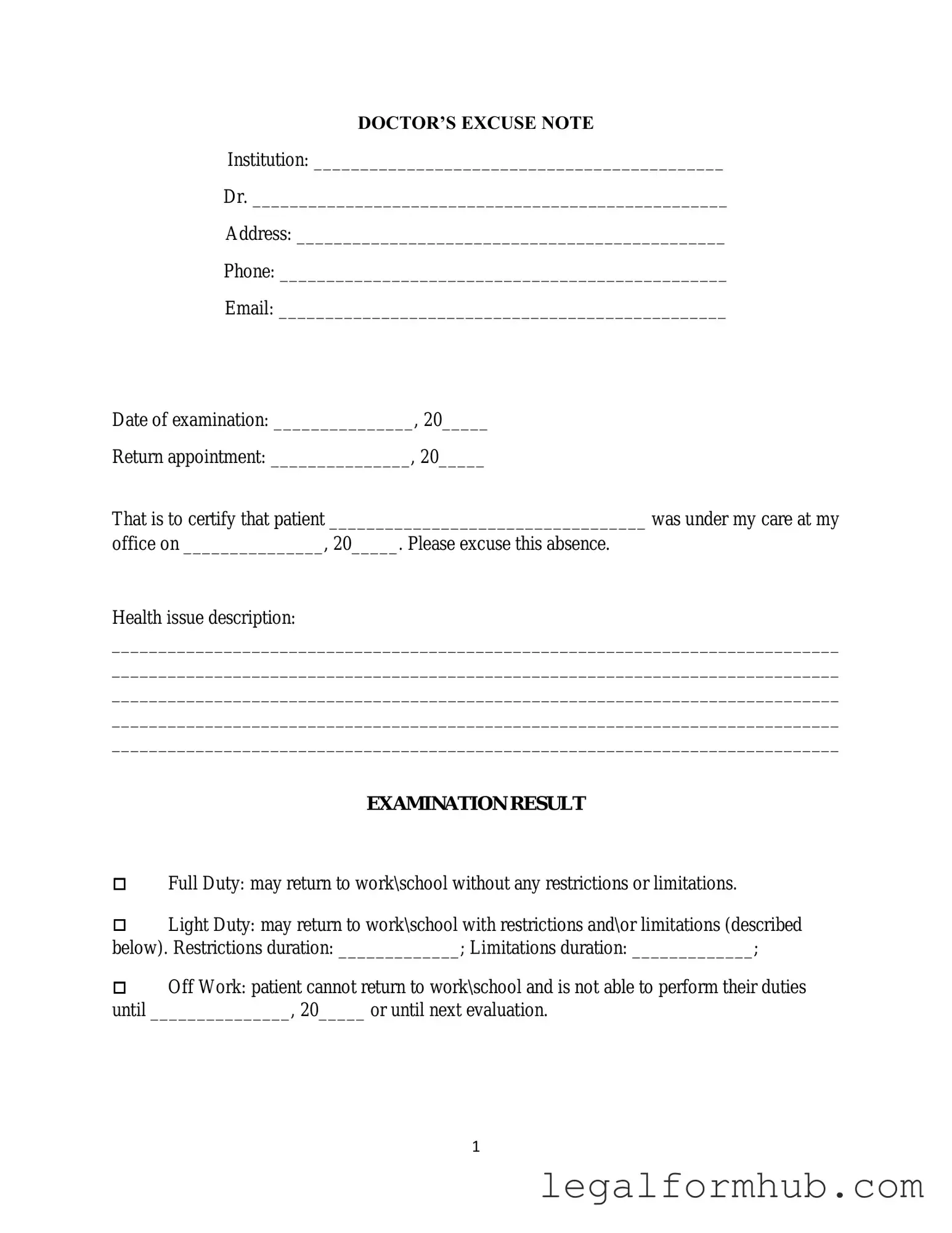 Fill Your Doctors Excuse Note Form
